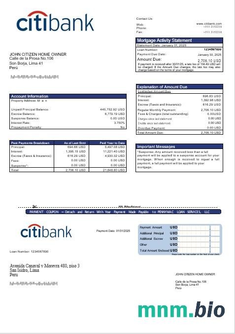 Peru Citibank wyciąg z kredytu hipotecznego w formatach Word i PDF